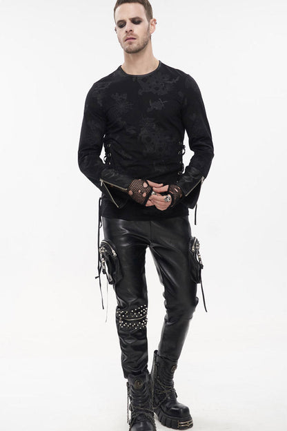 Black Punk Long Sleeve Knit Broken Holes Spider Web Print Crew Neck Men's Shirt