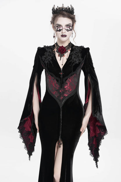 Black/Red V Collar Long Trumpet Sleeves Floral Embroidered Velvet Women's Gothic Dress