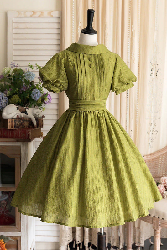 Green [Forest Gallery] High Collar Short Lantern Sleeves Pastoral Style Classic Vintage Elegant Lolita Dress