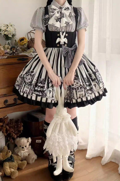 Black/White [A Weird Christmas] Sleeveless Printed Ruffled Gothic Lolita JSK Dress