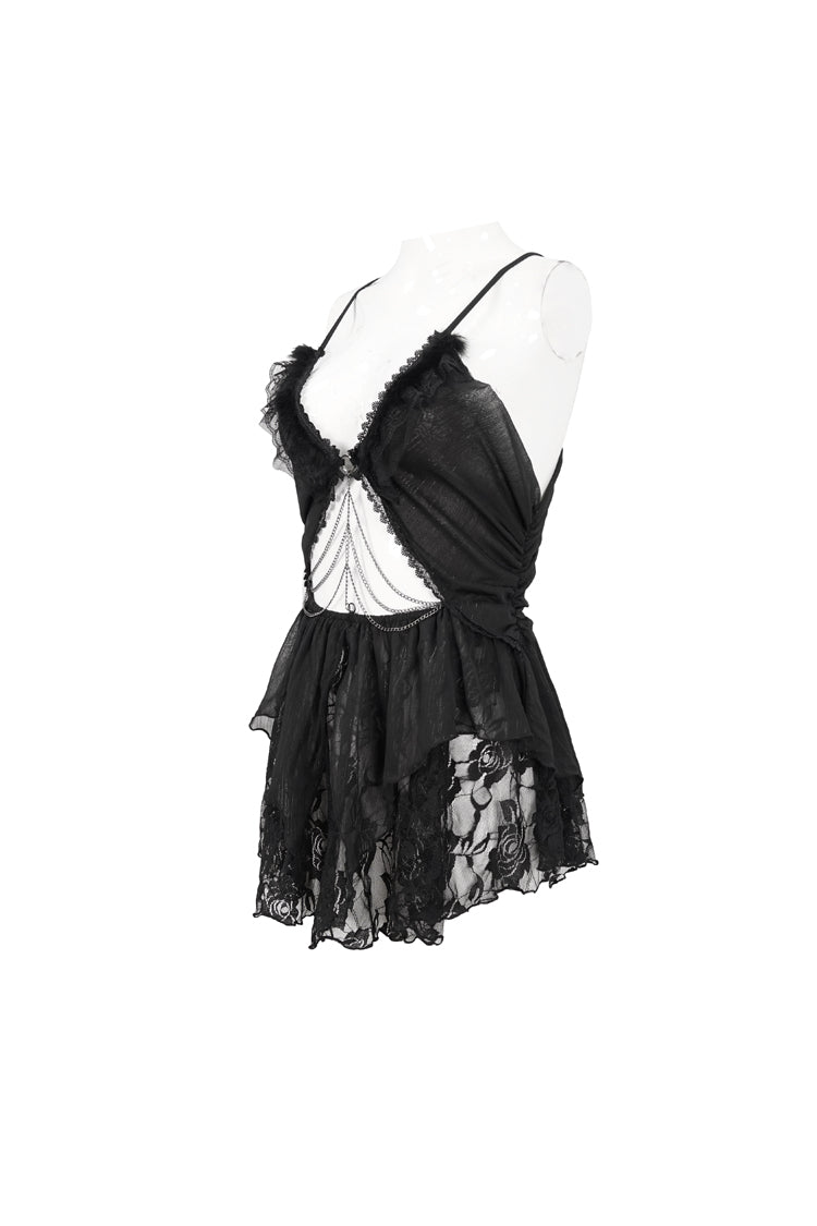 Black Sheer Striped Chiffon Paneled Lace And Metal Chain Trim Women's Punk Fun Dress