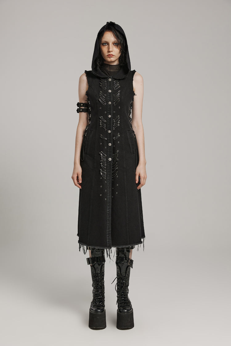 Black Side Drawstring Sleeveless Pin Decoration Hooded Womens Steampunk Long Vest