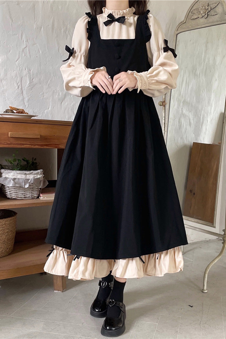 Black/Apricot Japanese Long Puff Sleeves Ruffle Bowknot Sweet Lolita Dress 2 Colors