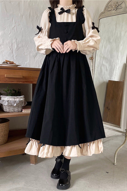 Black/Apricot Japanese Long Puff Sleeves Ruffle Bowknot Sweet Lolita Dress 2 Colors