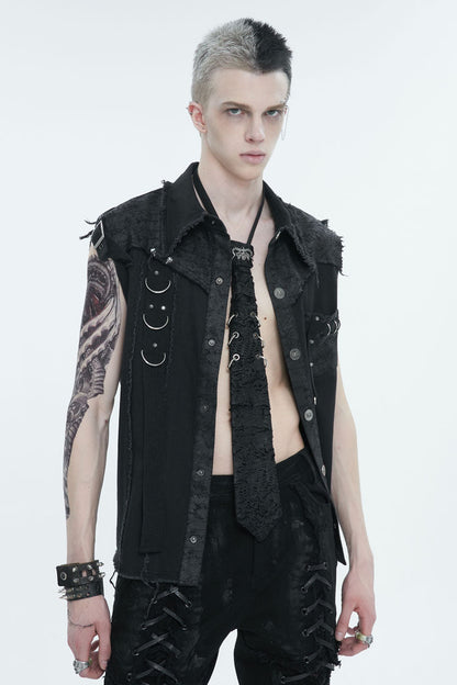 Black Sleeveless Buckle Splice Unedged Men's Punk Vest