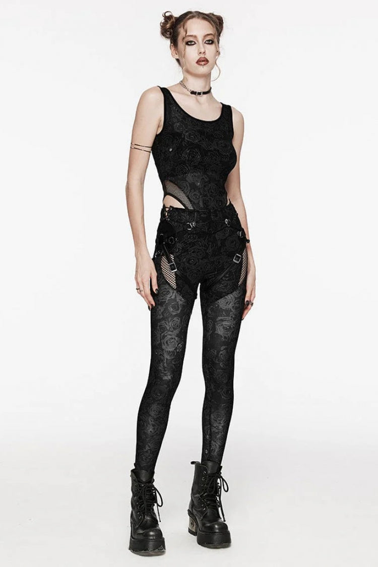 Sleeveless Print Hollow Lace Mesh Sheer Womens Steampunk Bodysuit 3 Colors