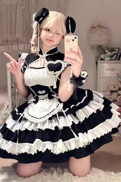 Black/White Multi-Layered Ruffle Sweet Chinese Style Maid Cheongsam Lolita Dress