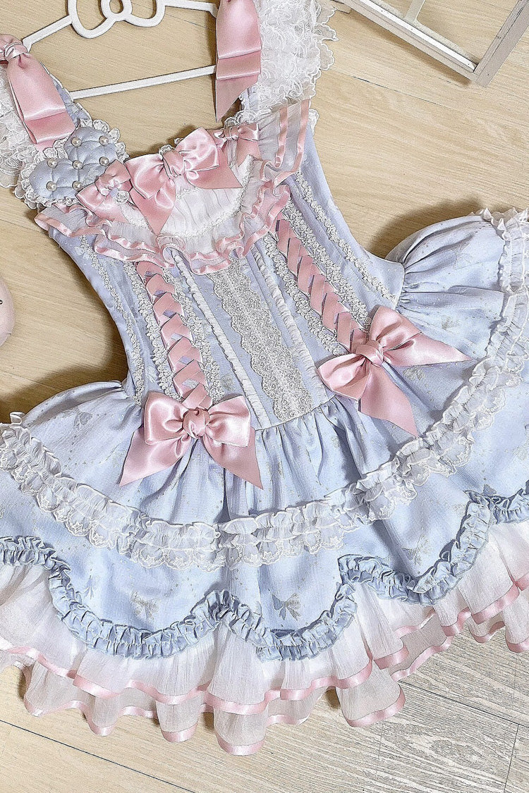 Blue Triple-Layered Ruffled Bow Lace-Up Slim Ballet Sweet Lolita Dress