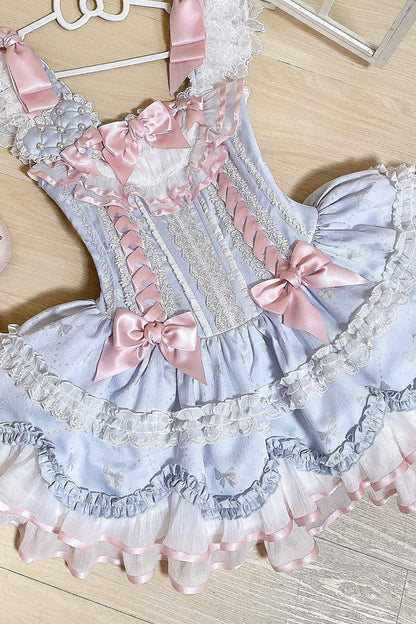 Blue Triple-Layered Ruffled Bow Lace-Up Slim Ballet Sweet Lolita Dress