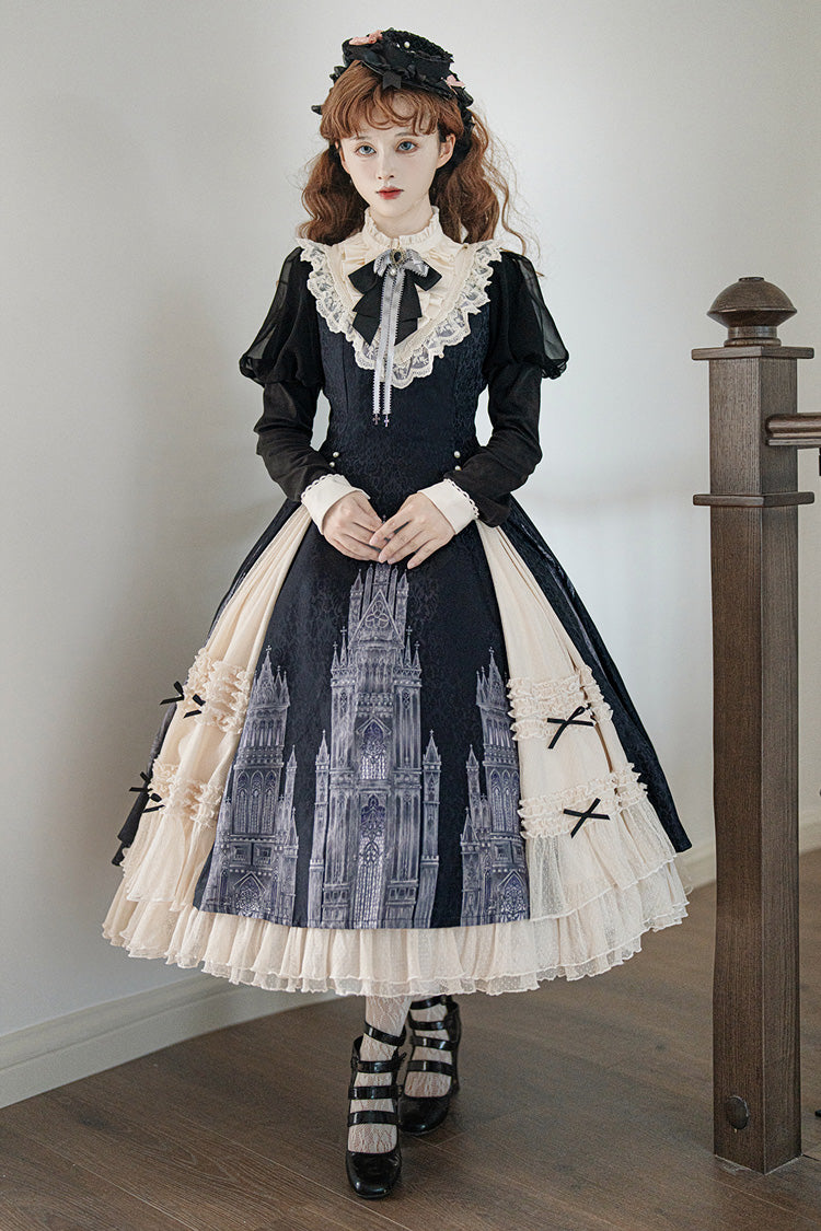 Black/White Church Bells Print Ruffle Cardigan Bowknot Gothic Elegant Lolita Dress