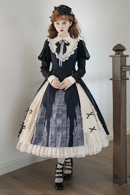 Black/White Church Bells Print Ruffle Cardigan Bowknot Gothic Elegant Lolita Dress