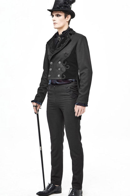 Black Retro Velveteen Front Floral Webbing Metal Button Weft Swallowtail Men's Gothic Coat