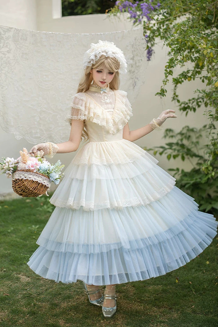 Blue [Sincere Vow] Edwardian Collar Short Sleeves Ombre Multi-Layered Ruffled Embroidered Sweet Lolita Dress