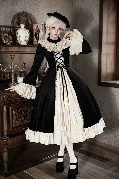 Black [Letters and Poems · Nutcracker Box] Long Sleeves Ruffled Open-Front Bow Lace-Up Gothic Lolita Dress