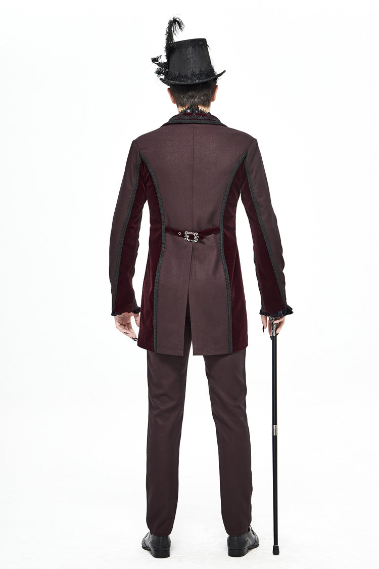 Red Front Floral Webbing Metal Retro Button Weft Velveteen Men's Gothic Tailcoat
