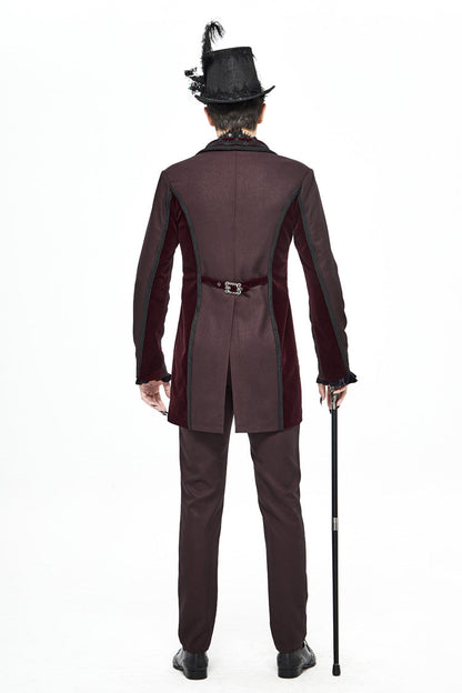 Red Front Floral Webbing Metal Retro Button Weft Velveteen Men's Gothic Tailcoat