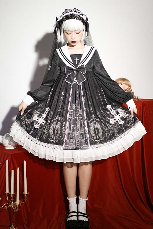 Black With Bow ON Chest Cross Print Gothic Lolita OP Dress