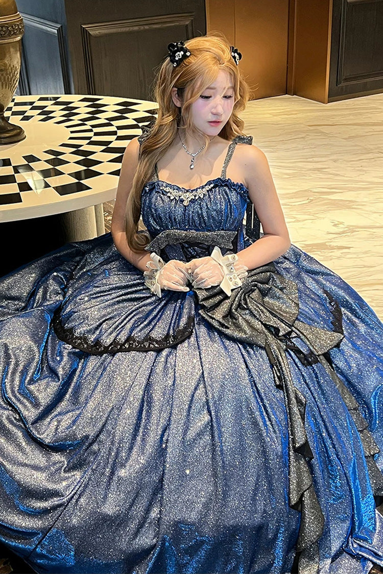 Blue [Galaxy of Fallen Tears] Sleeveless Glitter Series Ruffled Bow Asymmetric Sweet Lolita Jsk Dress