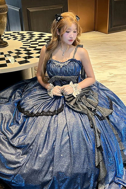 Blue [Galaxy of Fallen Tears] Sleeveless Glitter Series Ruffled Bow Asymmetric Sweet Lolita Jsk Dress