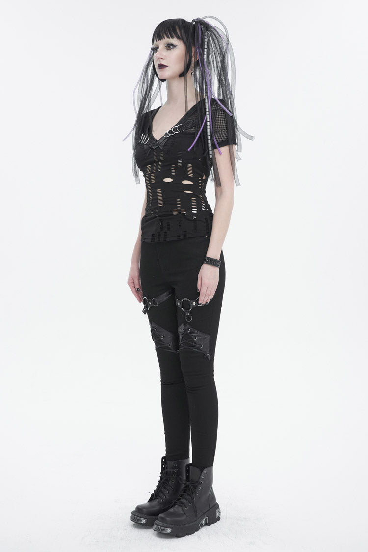 Black V Neck Stretch Destroyed Faux Leather Metal Ring Women's Punk T-Shirt