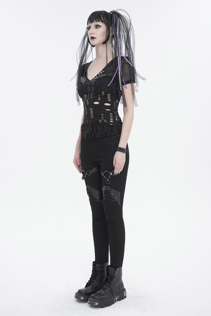 Black V Neck Stretch Destroyed Faux Leather Metal Ring Women's Punk T-Shirt