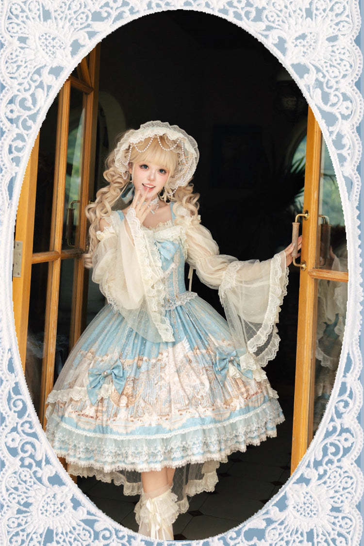 Blue [Unicorn] Print Sleeveless Multi-Layered Embroidery Bowknot Lace Sweet Lolita Jsk Dress