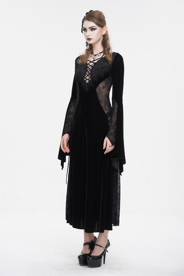 Black Velvet Mesh Splice Long Women's Gothic Dress