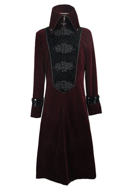 Gothic Wine Western Fashion Patchwork Plum Patterned Velveteen Mens Coat