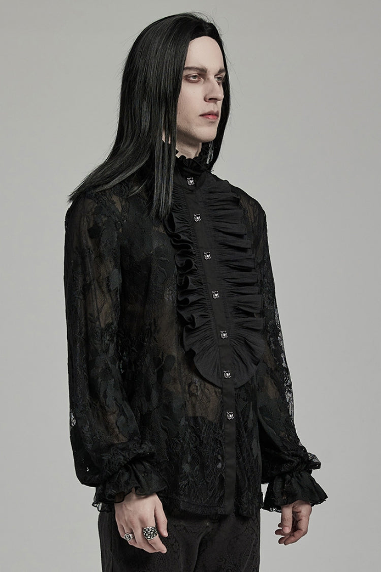 Black Stand Collar Lantern Sleeves Print Ruffle Lace Men's Gothic Blouse