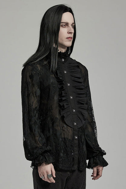 Black Stand Collar Lantern Sleeves Print Ruffle Lace Men's Gothic Blouse