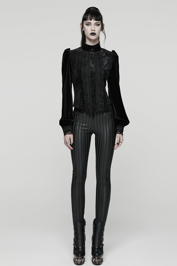 Black Stand Collar Long Puff Sleeves Floral Embroidered Lace-Up Women's Gothic Blouse
