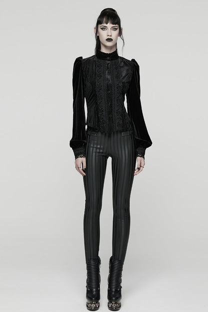 Black Stand Collar Long Puff Sleeves Floral Embroidered Lace-Up Women's Gothic Blouse