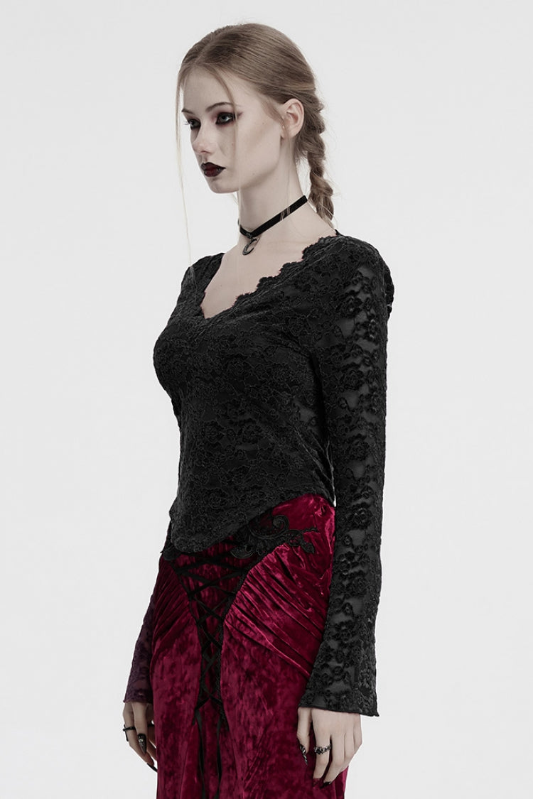 Black V Collar Long Sleeves Lace Sheer Women's Gothic Blouse