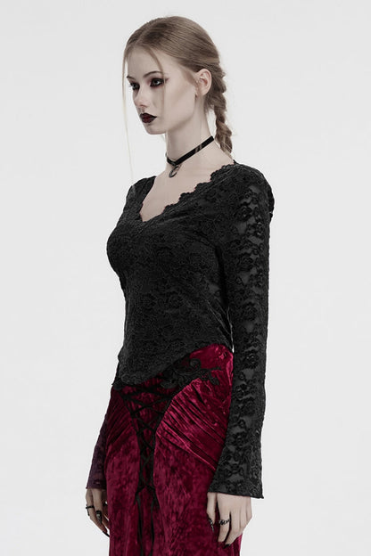 Black V Collar Long Sleeves Lace Sheer Women's Gothic Blouse