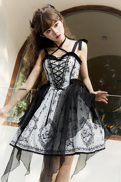 Black/White Sleeveless Butterfly Magic Print Gothic Lolita JSK Dress