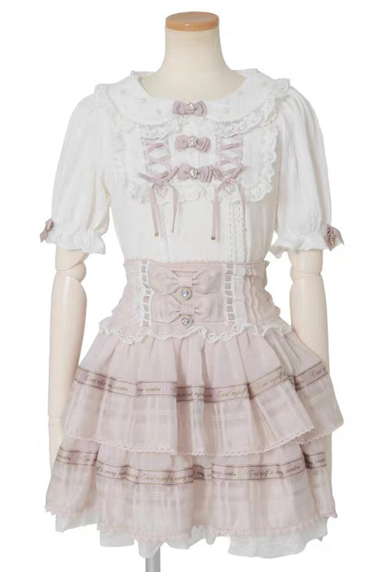 Sweet High Waisted Double-Layered Ruffle Bowknot Stitching Lace Plus Size Japanese Lolita Strap Dress 3 Colors