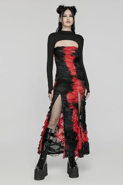 Black/Red Contrast Color Print Ripped Women's Gothic Dress