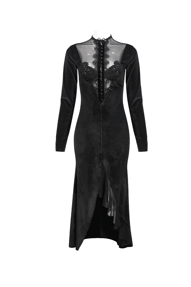 Black Small Stand Collar Cashew Paisley Lace On Chest Mesh Paneled Asymmetrical Hem Long Sleeve Women's Gothic Dress