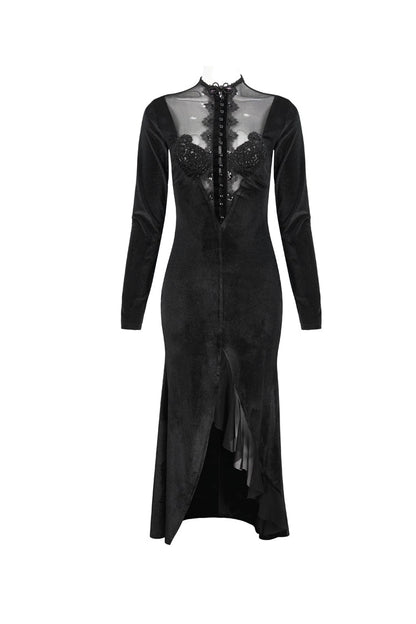 Black Small Stand Collar Cashew Paisley Lace On Chest Mesh Paneled Asymmetrical Hem Long Sleeve Women's Gothic Dress