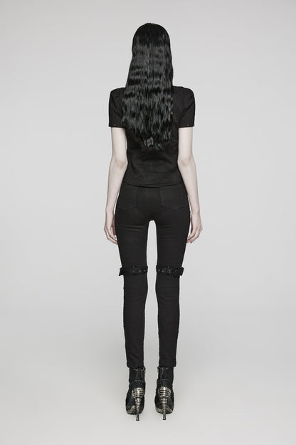 Black Twill Woven Short Sleeves Hollow Leather Stitching Womens Steampunk Blouse