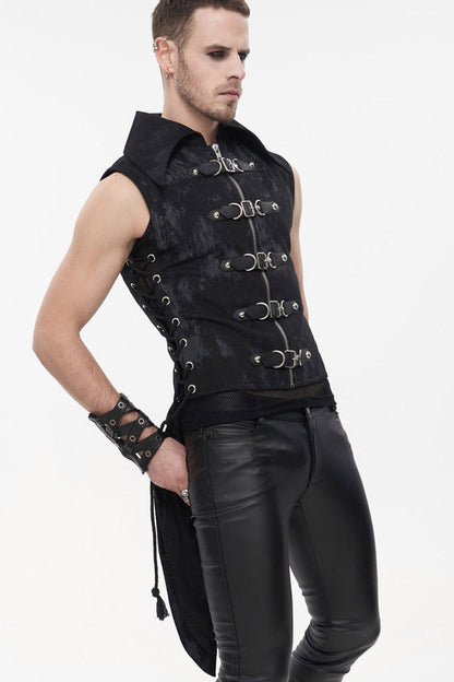 Black Punk Irregular Print D-Shaped Buckle Decoration Waist Side Slits Tied Rope Tight Zipper Men's Dovetail Vest