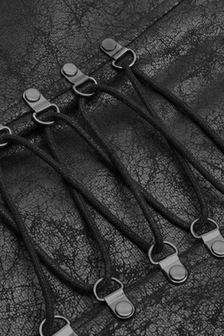 Black Stand Collar Long Sleeves Metal Ring Woven Strap Womens Gothic Long Coat