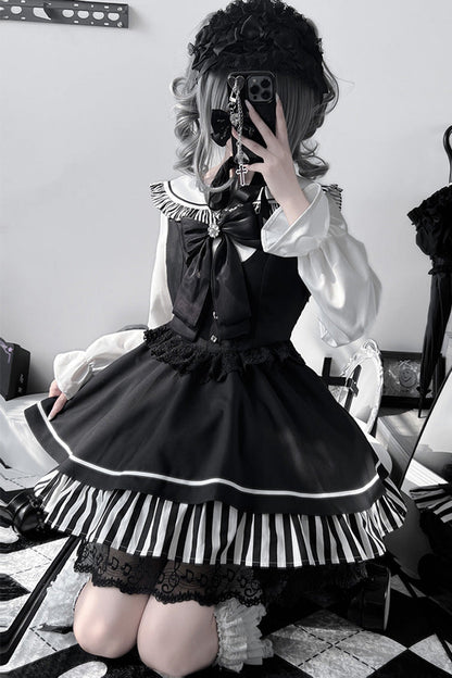 Black [Twilight Song] Stripe Print Bowknot Lace Jirai Kei Jumper Dress