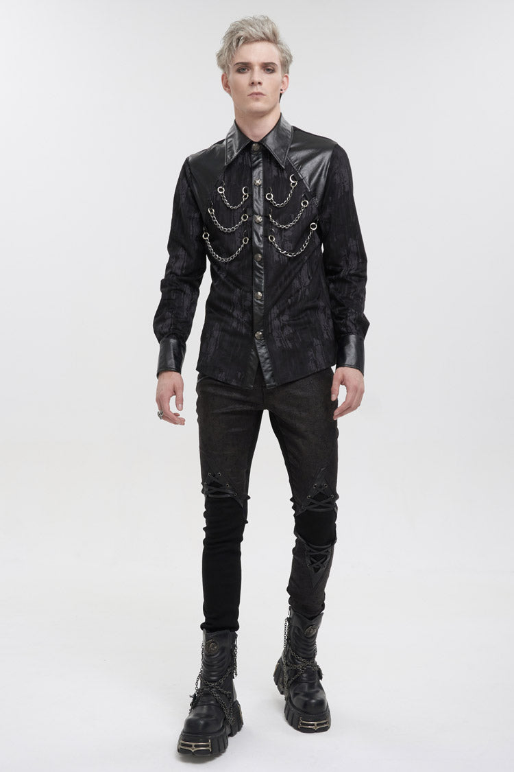 Black Ribbed Metal Chain Hand-Painted Velveteen Paneled Leather Men's Punk Shirt