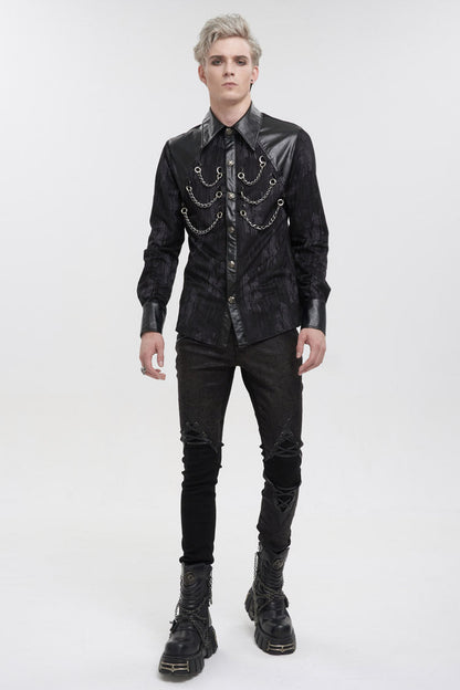 Black Ribbed Metal Chain Hand-Painted Velveteen Paneled Leather Men's Punk Shirt
