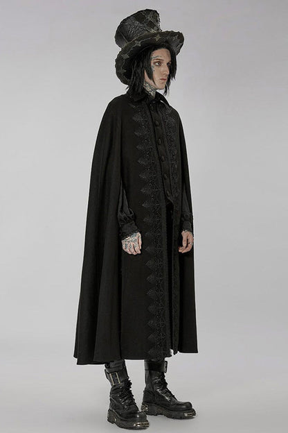 Black Punk Stand Collar Front Lacework Decorate Side Slit Long Men's Cloak
