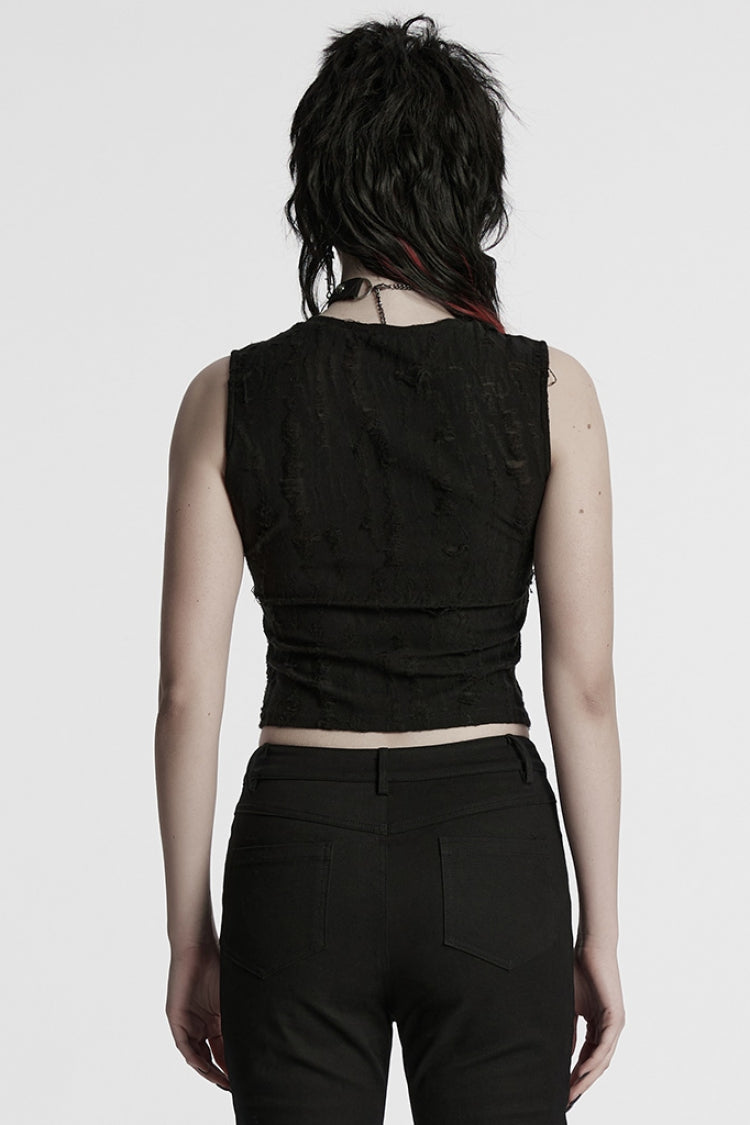 Black Sleeveless Strap Stitching Ripped Women's Punk Vest