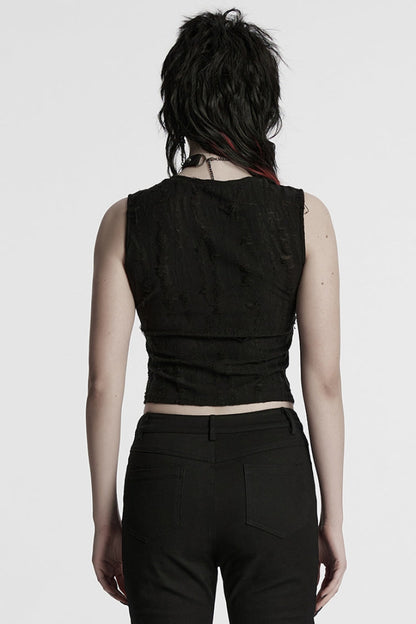 Black Sleeveless Strap Stitching Ripped Women's Punk Vest