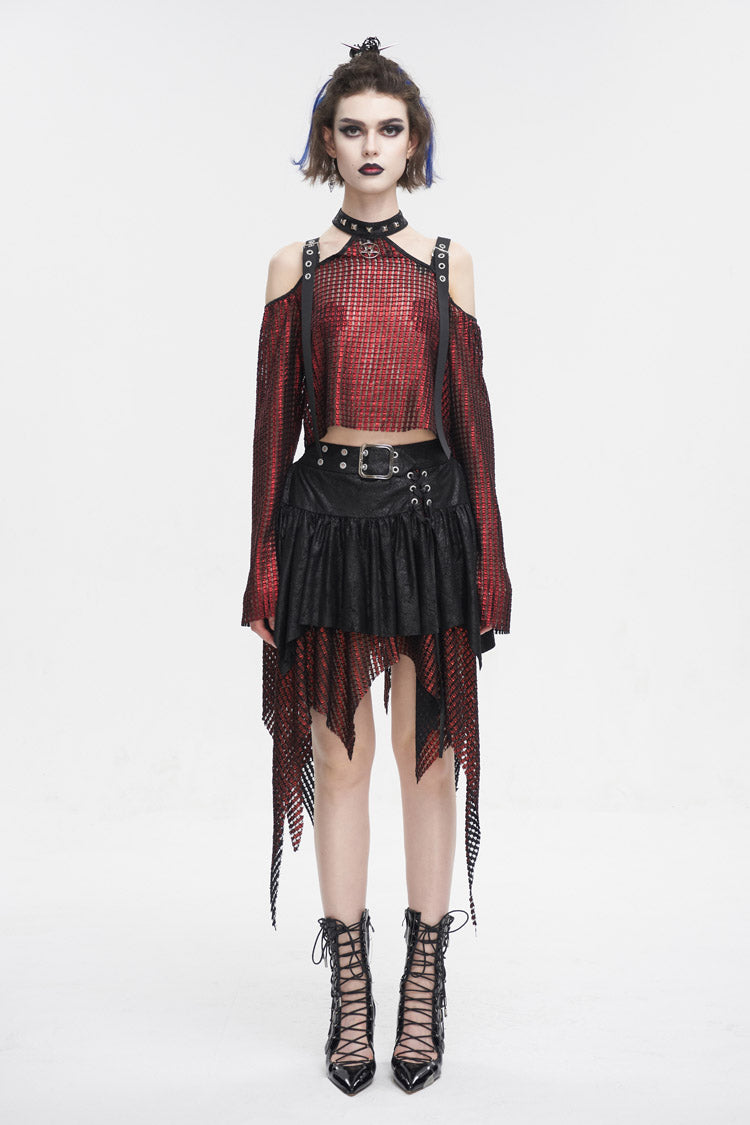 Red Off Shoulder Buckle Sheer Crop Women's Gothic Shirt
