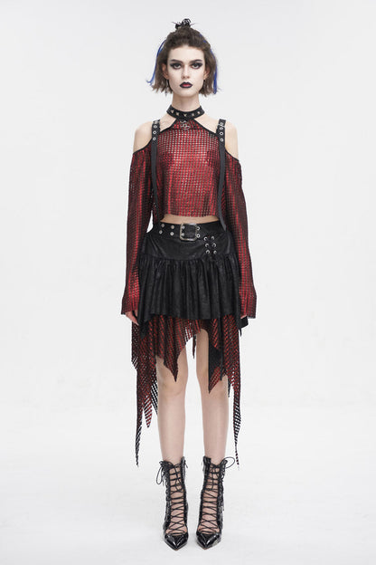 Red Off Shoulder Buckle Sheer Crop Women's Gothic Shirt